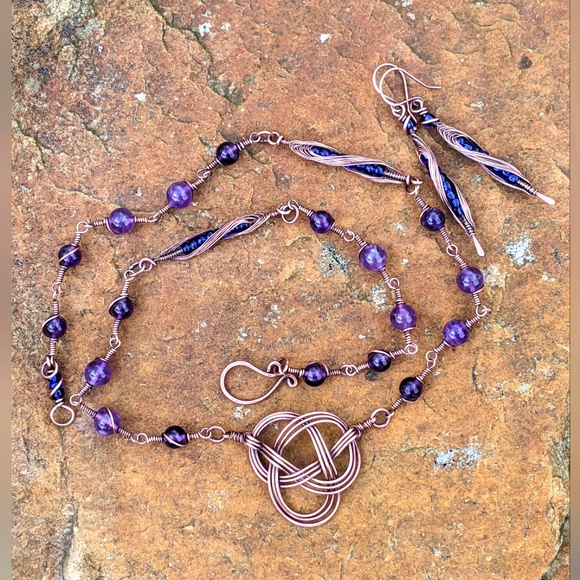 Celtic Jewelry Set Necklace and Earrings Amethyst Gemstone Beads Evening Artisan - Picture 4 of 14